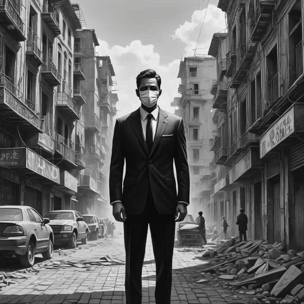 a man in a suit and tie standing in a street with a building in the background and a man in a suit and tie standing in the middle of the street, neoplasticism, a detailed matte painting, Alejandro Burdisio, cinematic matte painting