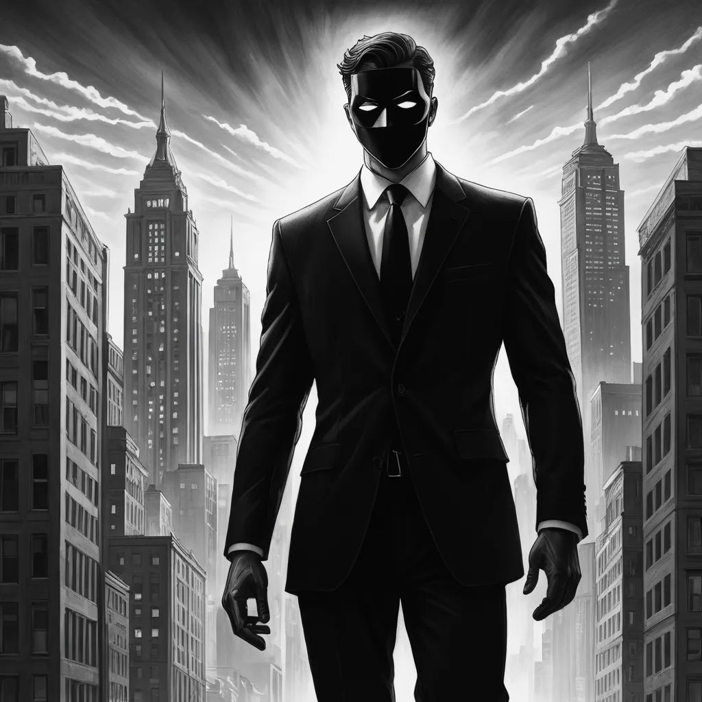 a man in a suit and mask walking through a city with skyscrapers in the background and a sky filled with clouds, serial art, an ultrafine detailed painting, Cedric Seaut (Keos Masons), noir