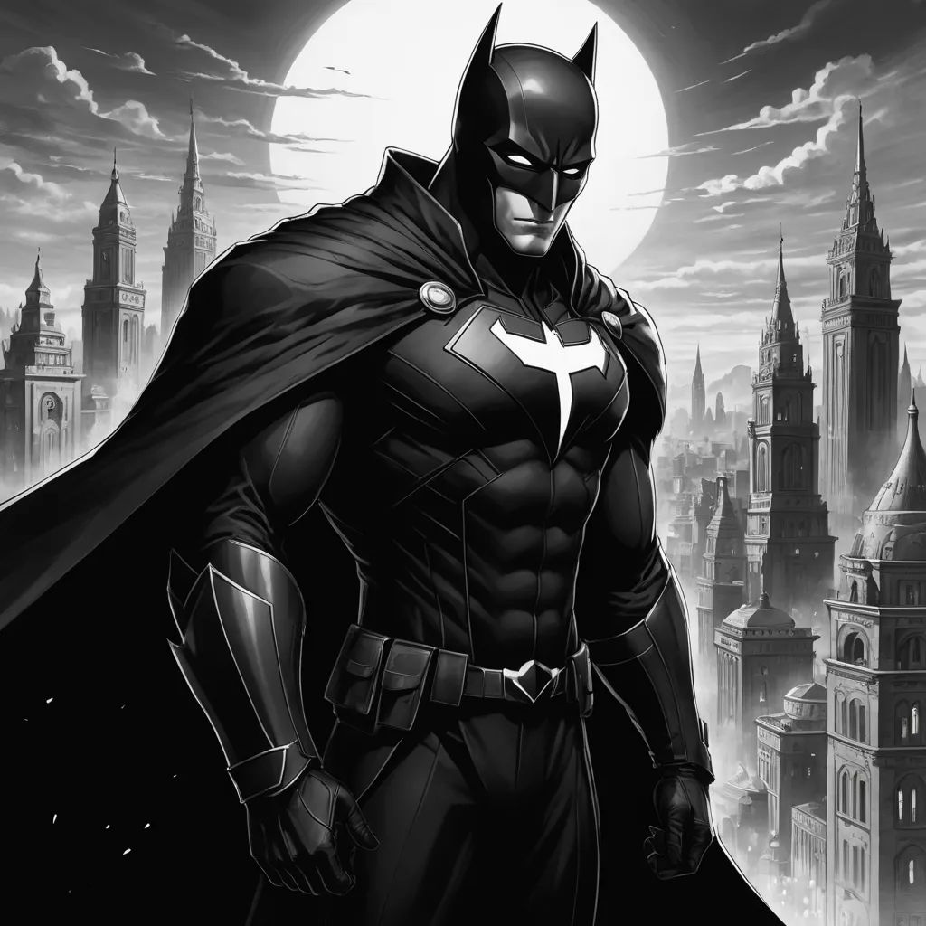 a batman standing in front of a city skyline with a full moon in the background and a full moon in the sky, gothic art, a comic book panel, Artgerm, dark night