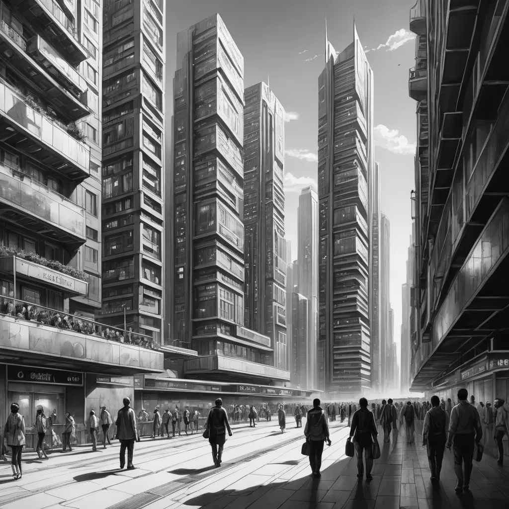 a group of people walking down a street next to tall buildings in a city with tall buildings on either side of the street, retrofuturism, a detailed matte painting, Beeple, dystopian art
