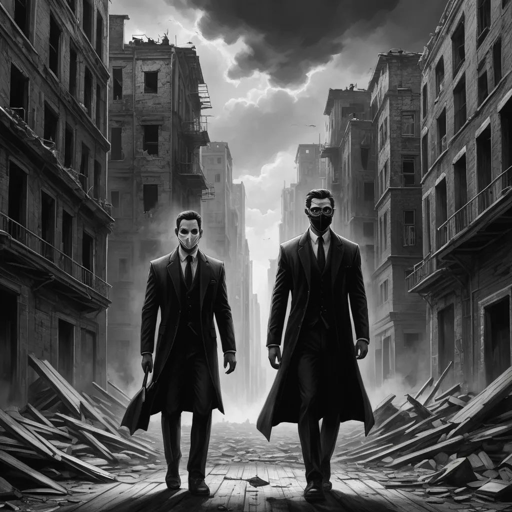 two men in suits walking through a city street in a black and white photo with a dark sky in the background, serial art, a matte painting, Ben Templesmith, dystopian art