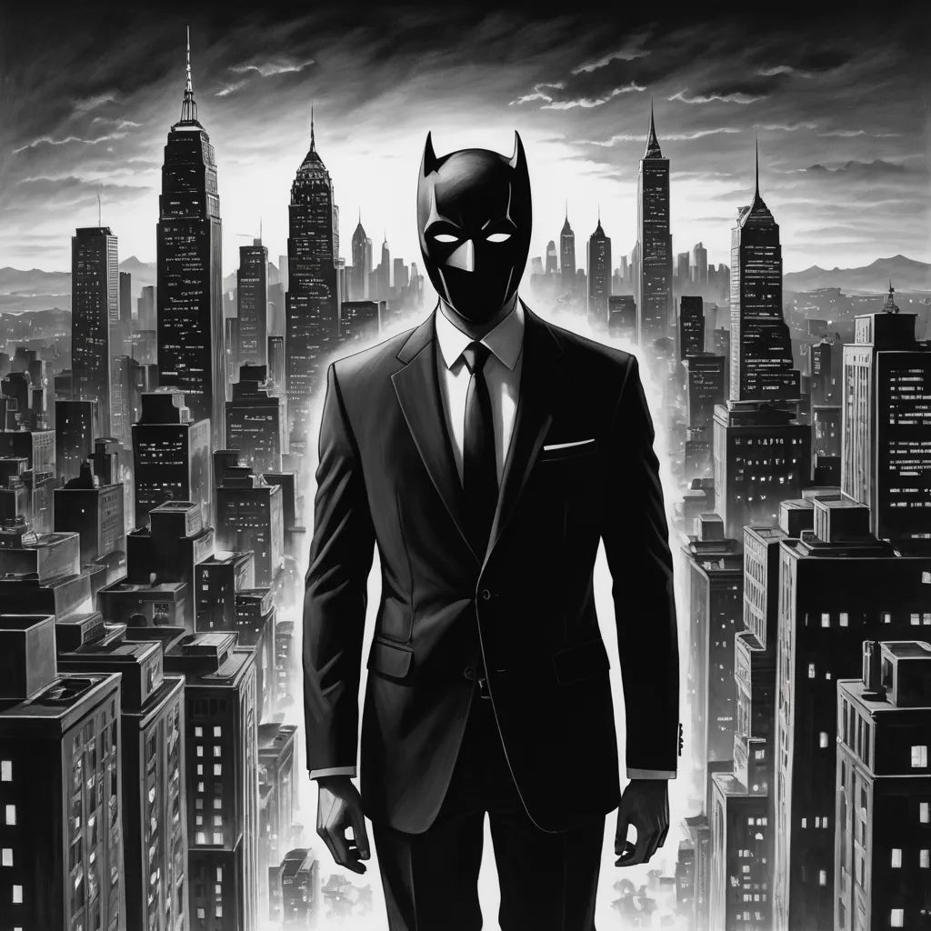 a man in a suit and mask standing in front of a cityscape with skyscrapers in the background, pop surrealism, an ultrafine detailed painting, Dan Mumford, noir