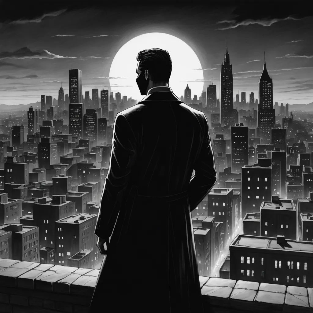 a man standing on a rooftop looking at a city at night with a full moon in the background and a full moon in the sky, sots art, an ultrafine detailed painting, Dan Mumford, noir