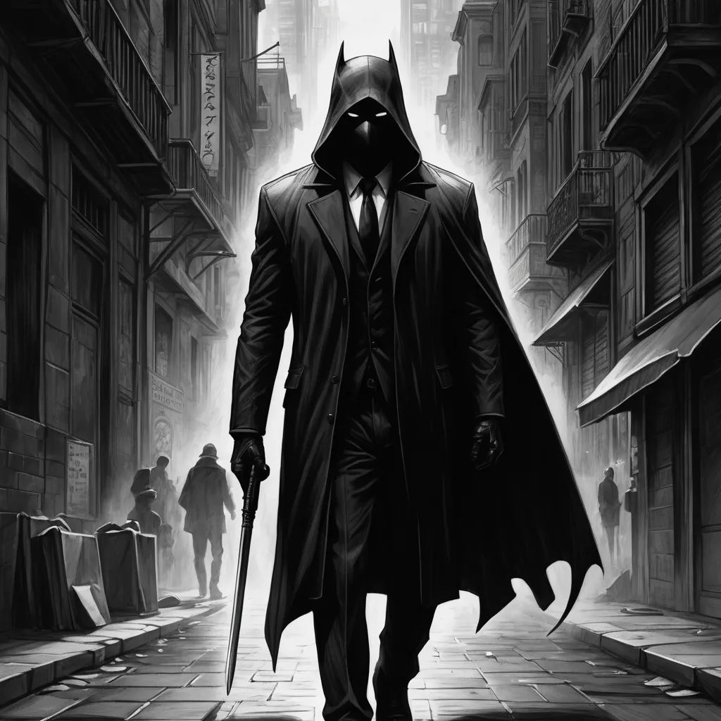 a man in a suit and tie walking down a street with a bat in his hand and a mask on, fantastic realism, an ultrafine detailed painting, Bastien L. Deharme, noir