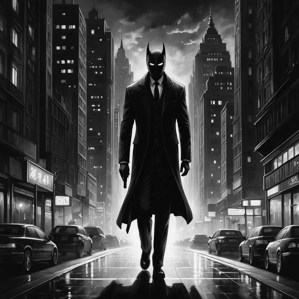 a man in a suit and tie walking down a street in a batman movie poster art print on canvas, fantastic realism, an ultrafine detailed painting, Altichiero, noir