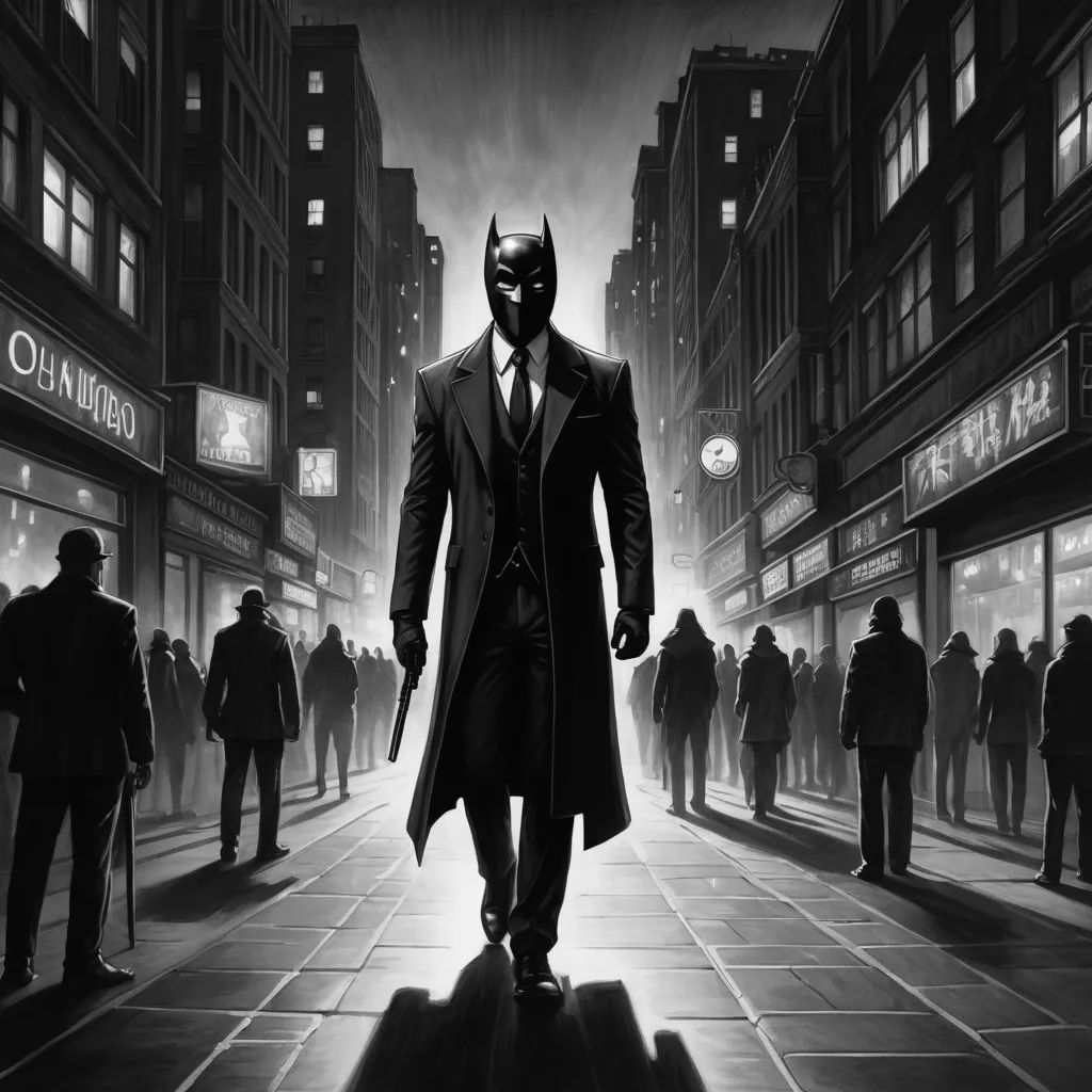 a man in a suit and tie walking down a street in a batman movie poster art print on canvas, fantastic realism, concept art, Altichiero, noir