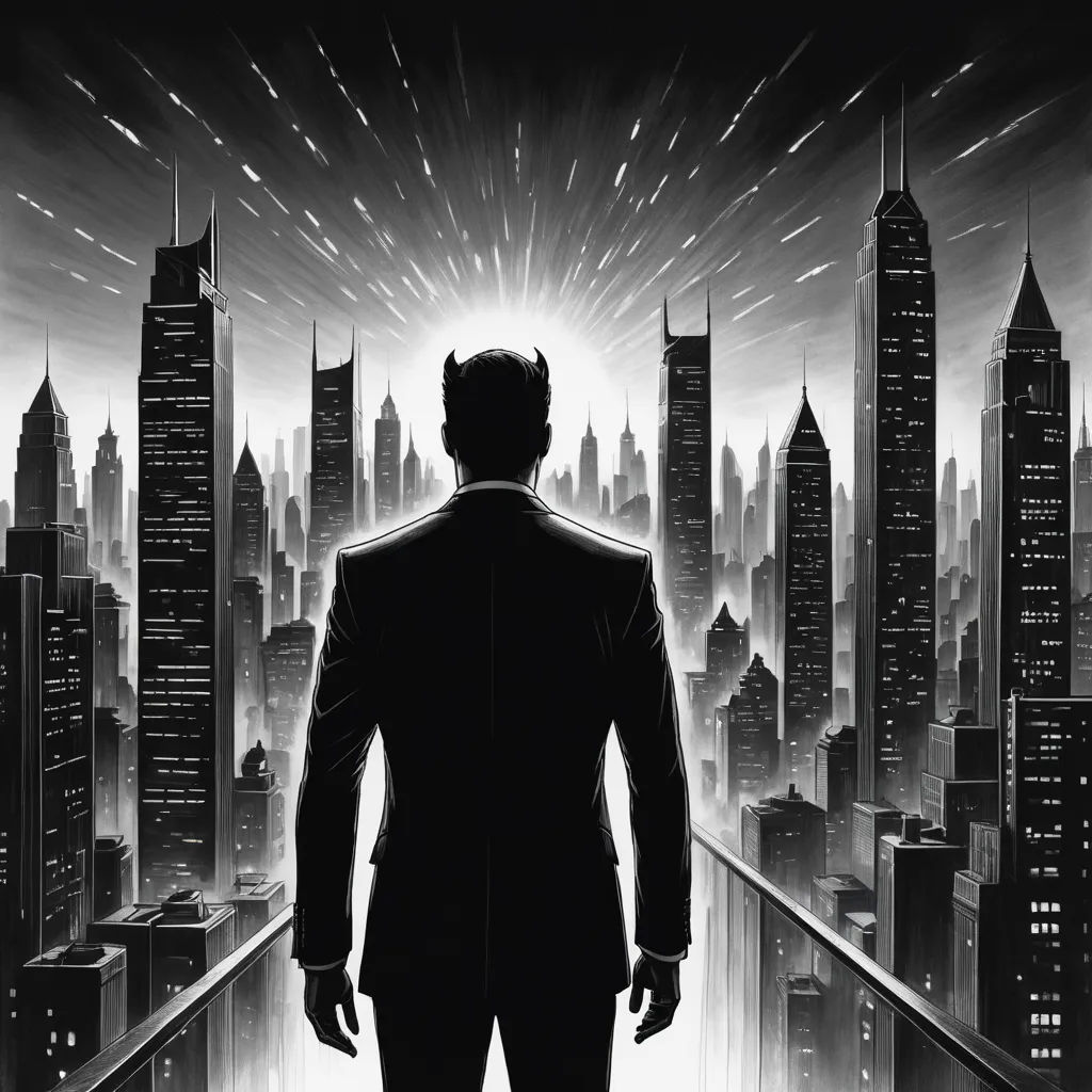 a man standing in front of a city skyline with a bright light coming from behind him and a city skyline with skyscrapers, precisionism, an ultrafine detailed painting, Dan Mumford, comic cover art