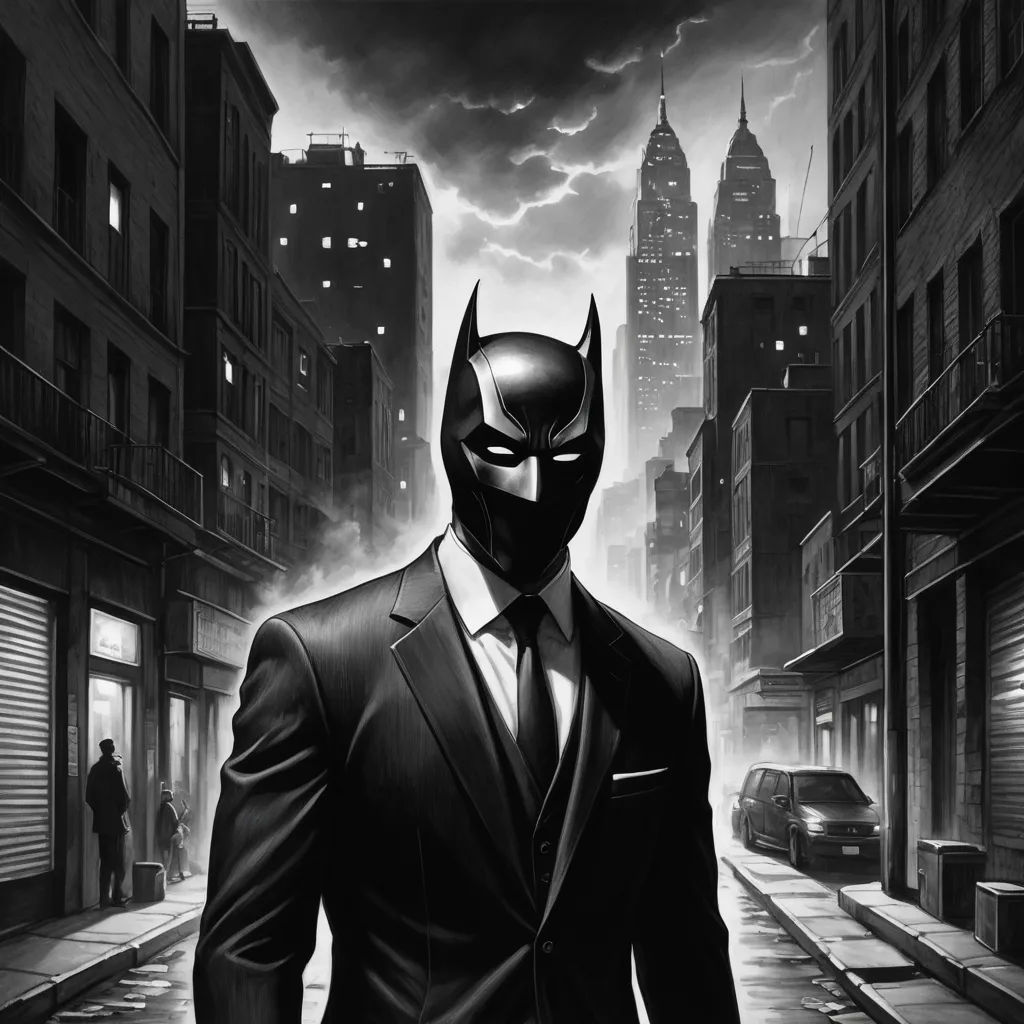 a man in a suit and tie walking down a street in a batman suit and tie, with a dark city background, pop surrealism, an ultrafine detailed painting, Artgerm, noir