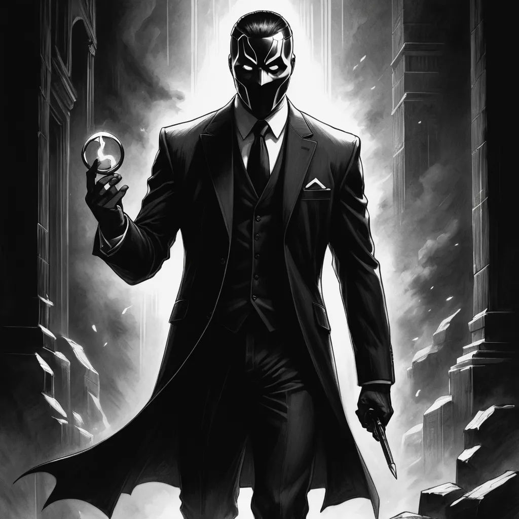 a man in a suit and mask holding a crystal ball in his hand and standing in a dark alley, vanitas, a character portrait, Aleksi Briclot, noir