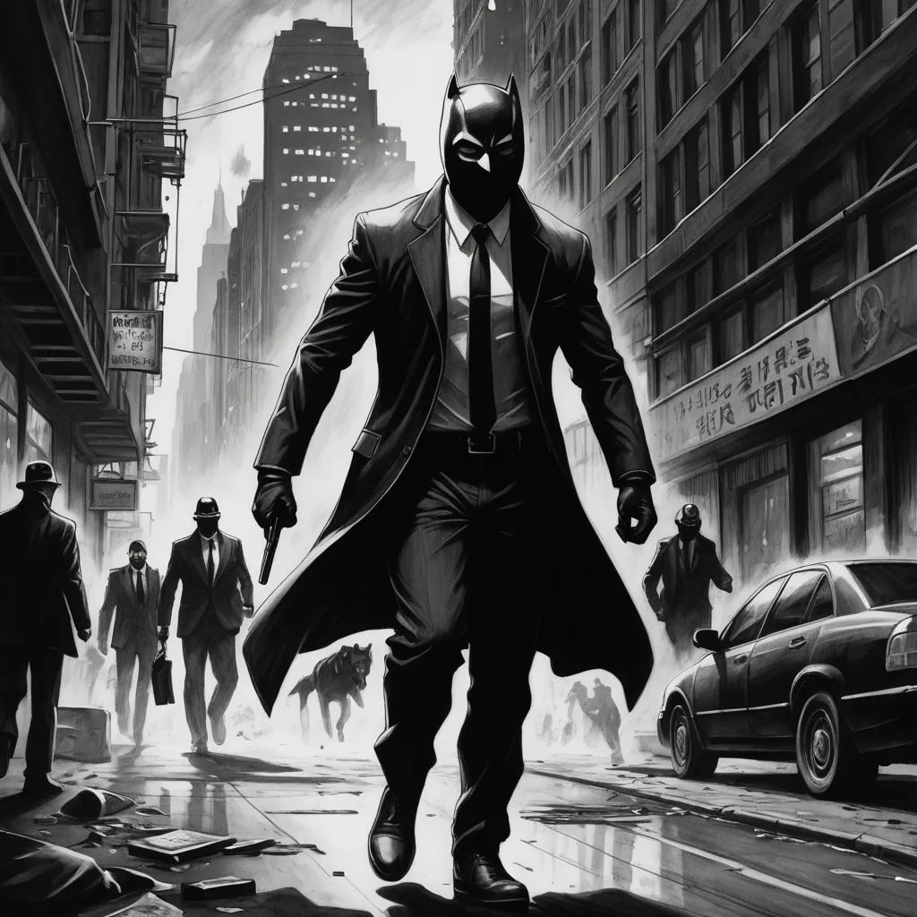 a man in a suit and tie walking down a street in a city with a batman mask on his face, fantasy art, a comic book panel, Ben Templesmith, noir