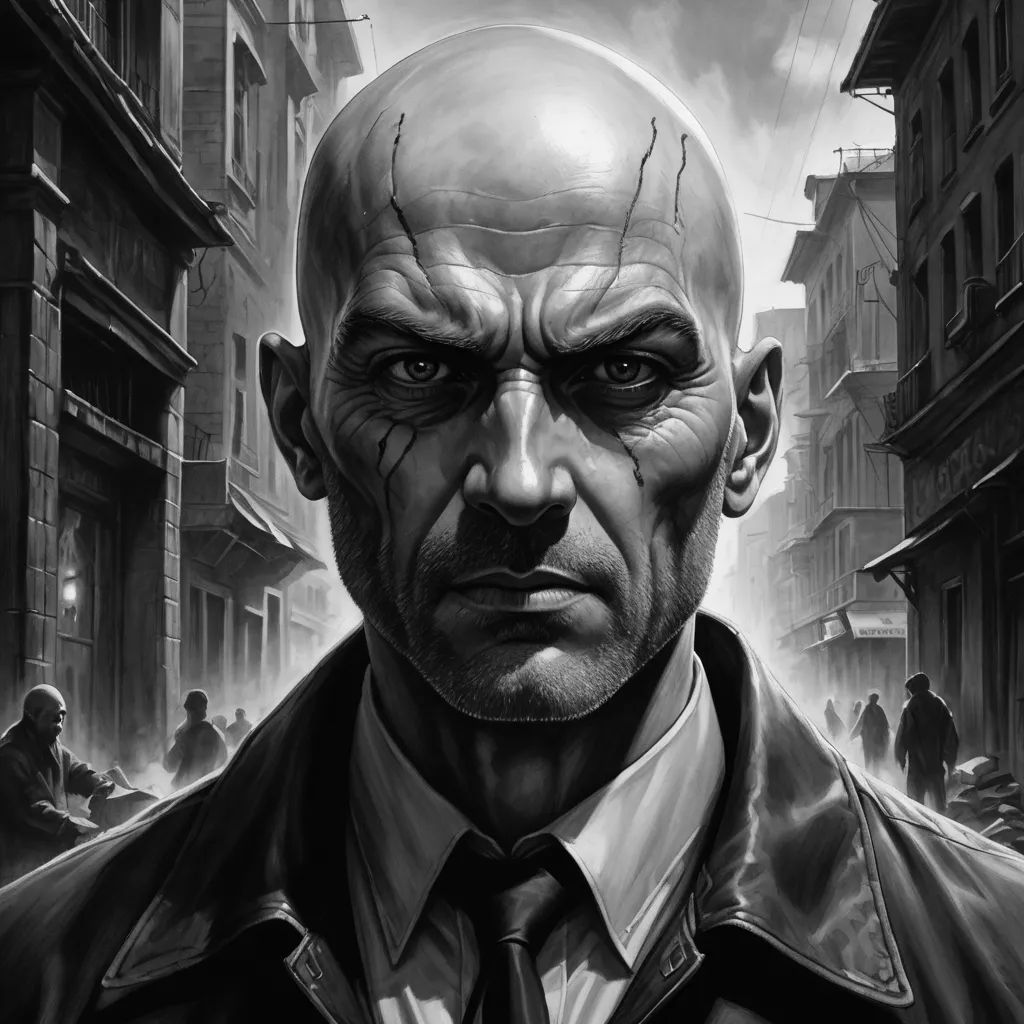 a man with a bald head and a tie on a street with people in the background and a dark sky, new objectivity, a character portrait, Bastien L. Deharme, noir