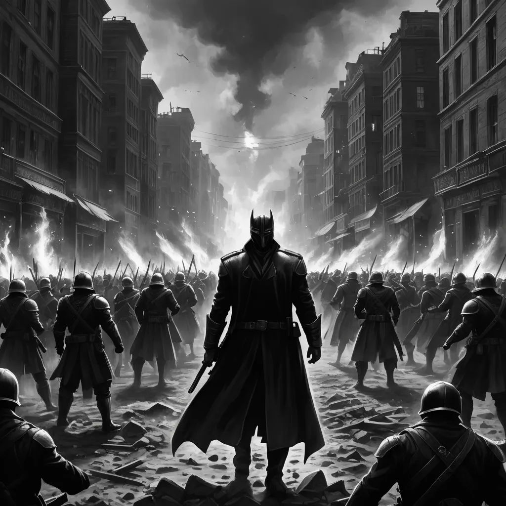 a group of people in a city with a lot of smoke coming out of the buildings and a man in a trench coat, ashcan school, a comic book panel, Bastien L. Deharme, dark night