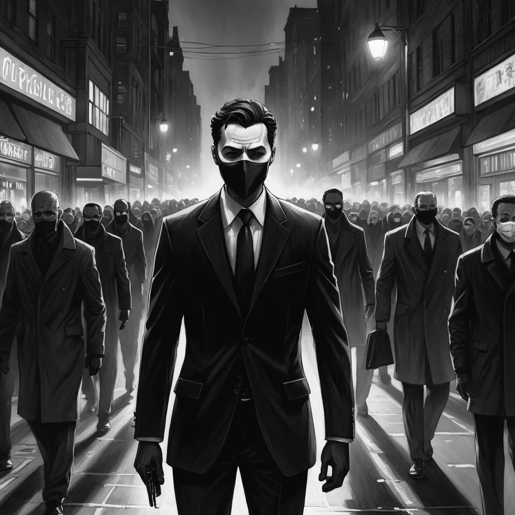 a man in a suit and mask walking down a street with a crowd of people behind him in the background, neo-figurative, concept art, Cedric Seaut (Keos Masons), noir