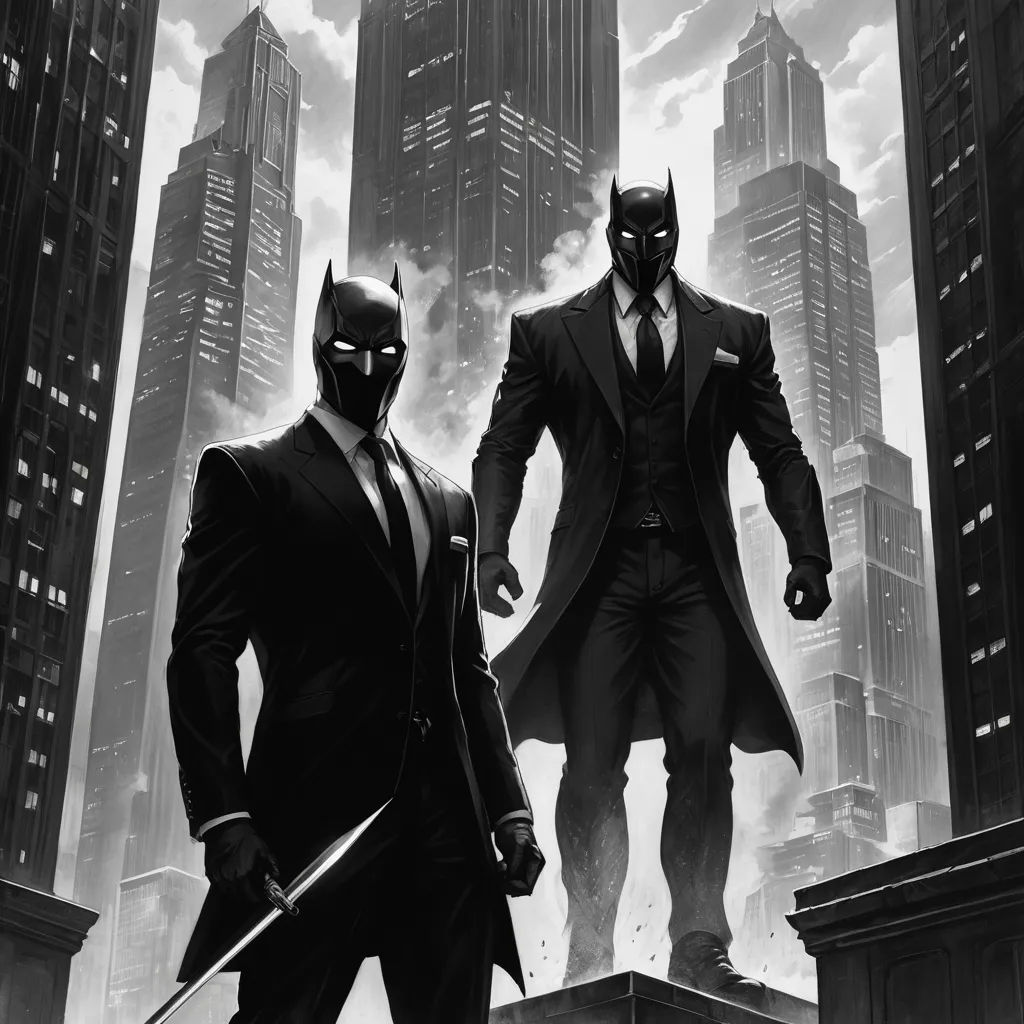 two men in suits and masks standing on a rooftop with a batman in the background and a city skyline, harlem renaissance, a comic book panel, Artgerm, comic cover art