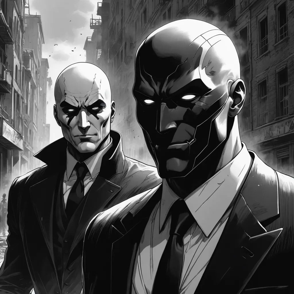 two men in suits and ties standing in a city street with buildings in the background and a dark background, harlem renaissance, a comic book panel, Dong Kingman, comic cover art