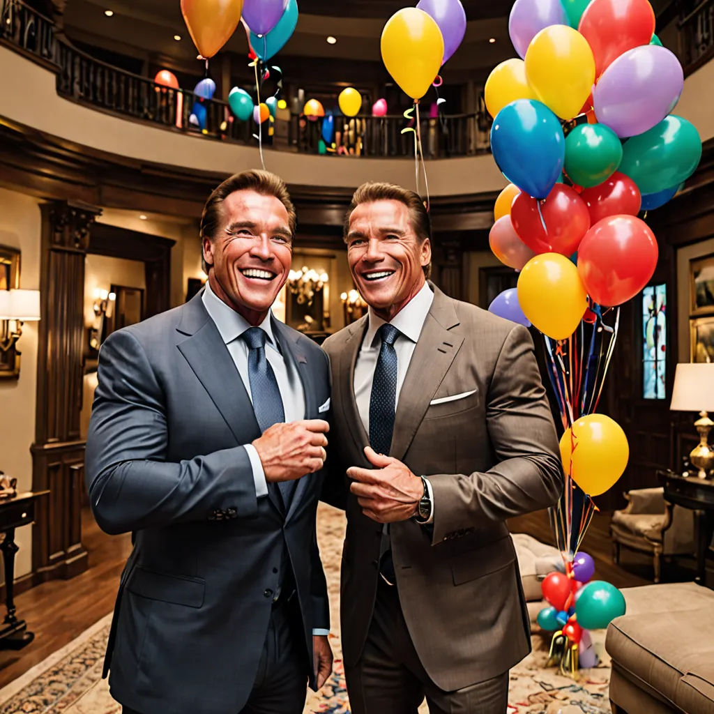 two men in suits are posing for a picture with balloons in the air behind them and a couch in the background, excessivism, a stock photo, Andries Both, arnold render