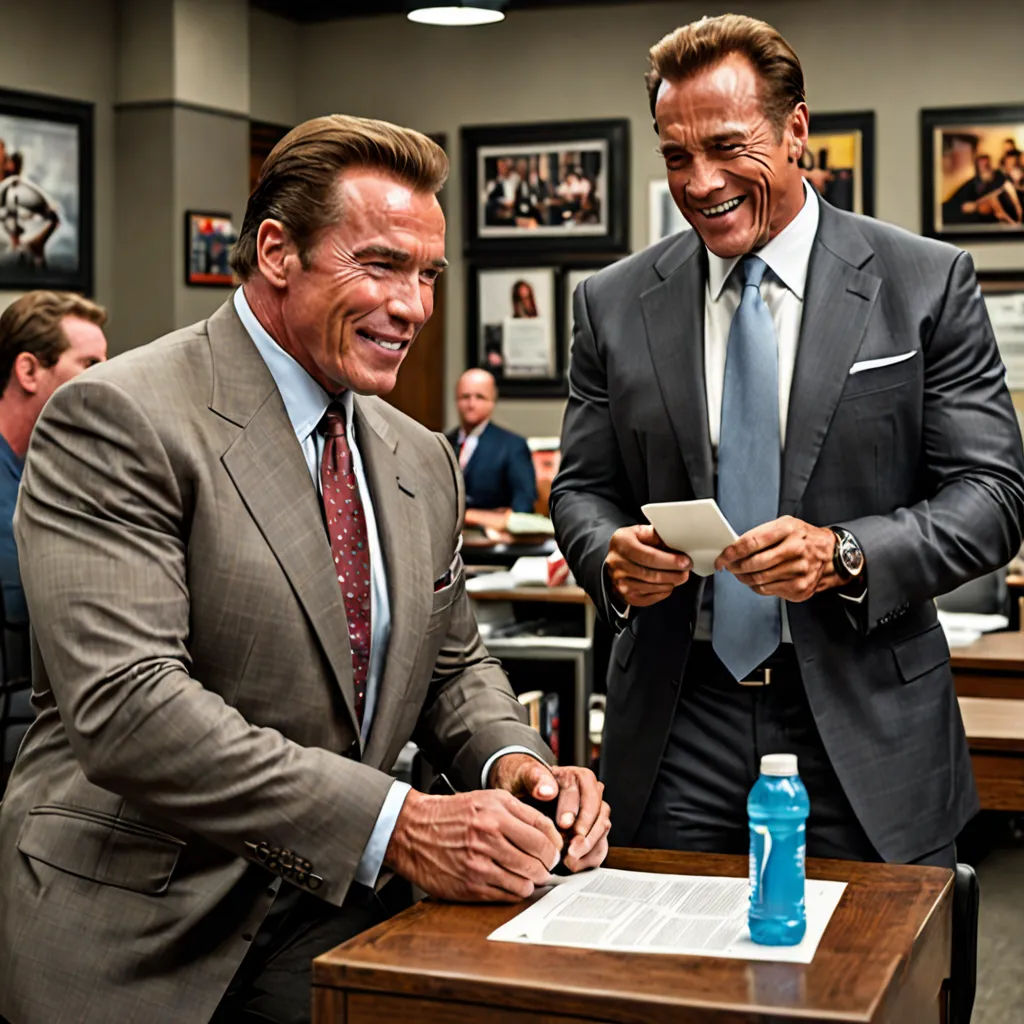 two men in suits are smiling and laughing at a table with a tablet computer in front of them and a bottle of water, private press, a stock photo, Arnold Mesches, arnold render