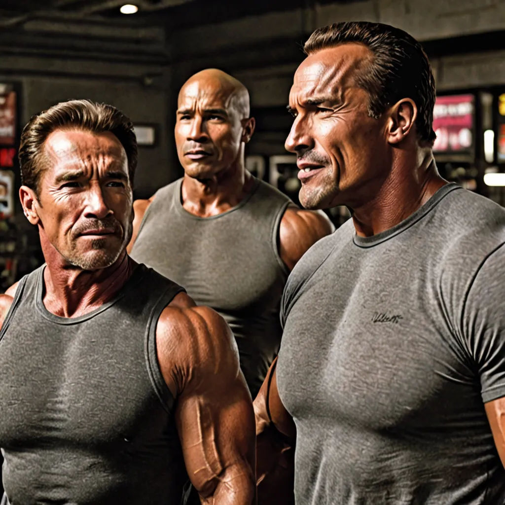 three men in grey shirts standing in a gym with one holding a dumb bar and the other looking at the camera, assemblage, a bronze sculpture, Brad Holland, arnold render