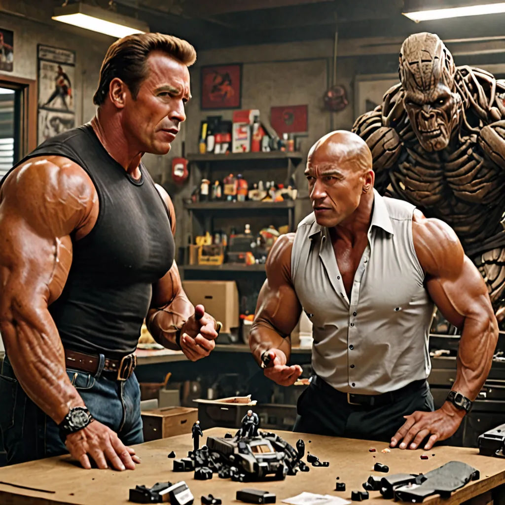 two men in a garage with a table full of toys and a statue of a man in the background, assemblage, a bronze sculpture, Anthony Palumbo, weta digital