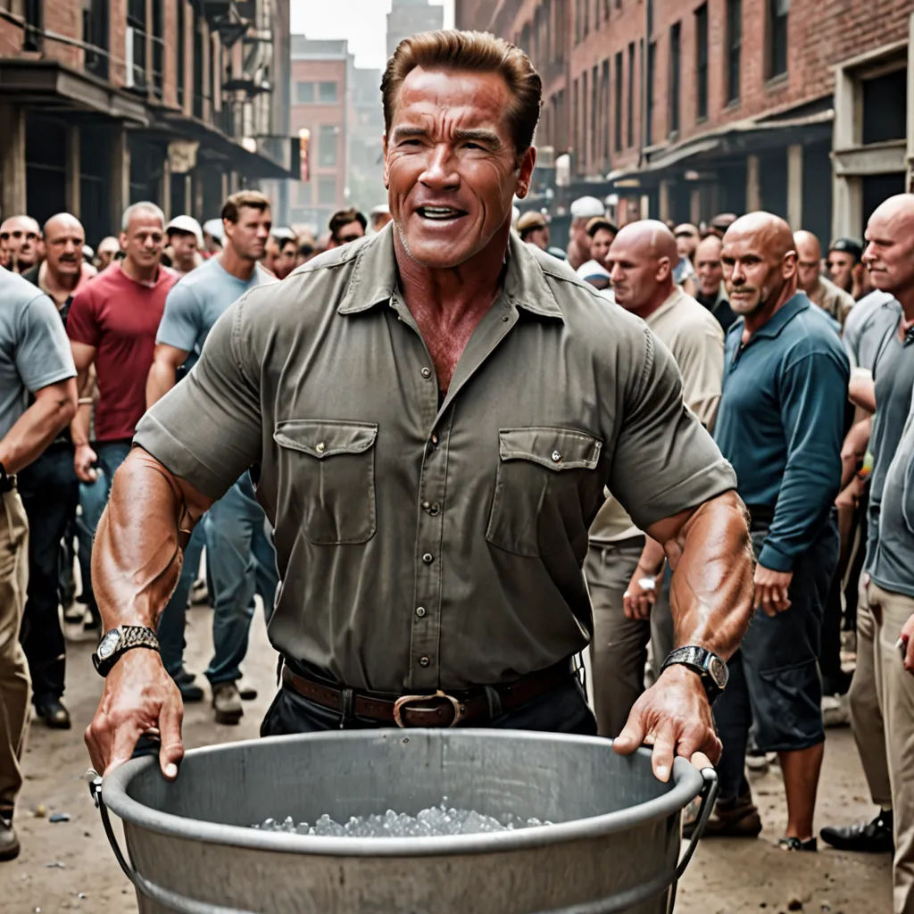 a man in a shirt is holding a bucket of ice in a crowd of people in the street,, fantastic realism, a character portrait, Arnold Brügger, arnold render