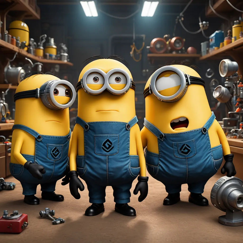 three minions from the movie despicable me are standing in a room full of tools and equipment,, incoherents, a screenshot, David Teniers III, animated