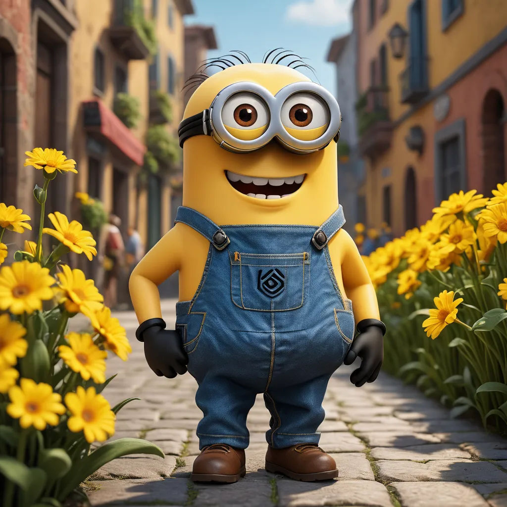 a minion standing in a street with yellow flowers in the background and a building in the background with a blue sky, photorealism, an ambient occlusion render, David Young Cameron, unreal engine 5 rendered