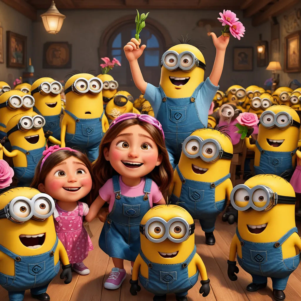 a group of cartoon characters standing in front of a bunch of minion characters with flowers in their hands, incoherents, a picture, disney, pixar and disney animation