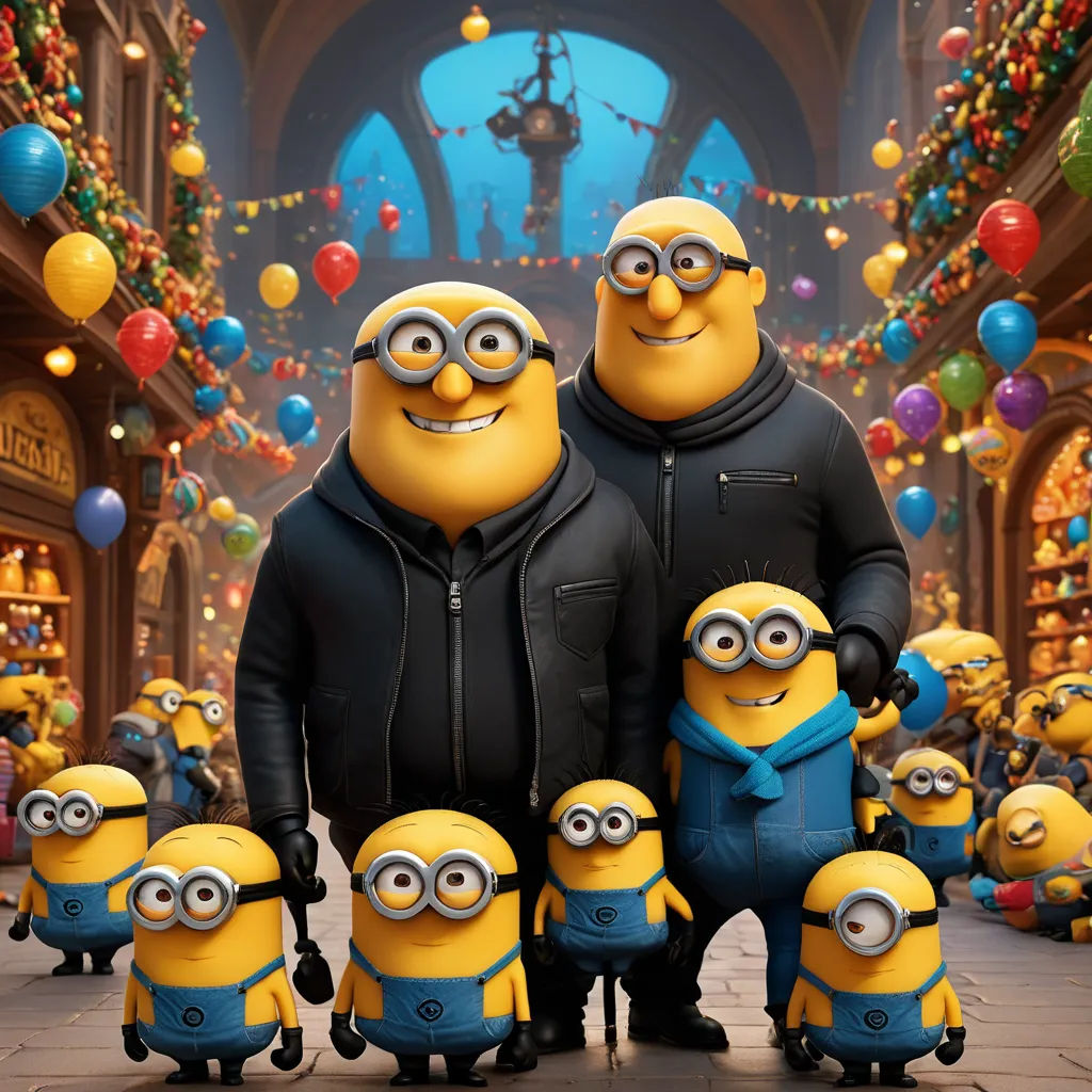 a family of minions from the movie despicable me standing in front of a group of minion characters, incoherents, computer graphics, Edi Rama, 4k uhd image