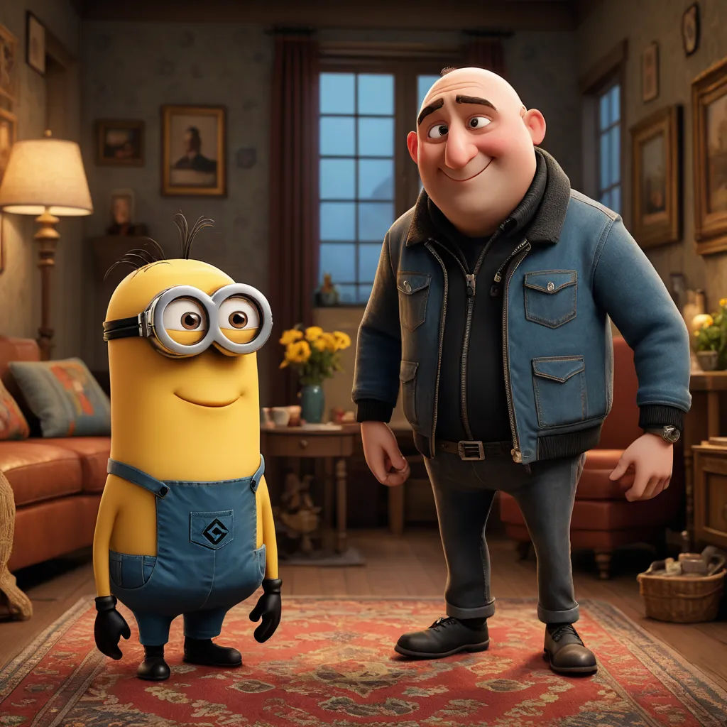 a cartoon character and a minion standing in a living room together in front of a couch and a table, lowbrow, concept art, Eddie Mendoza, animated