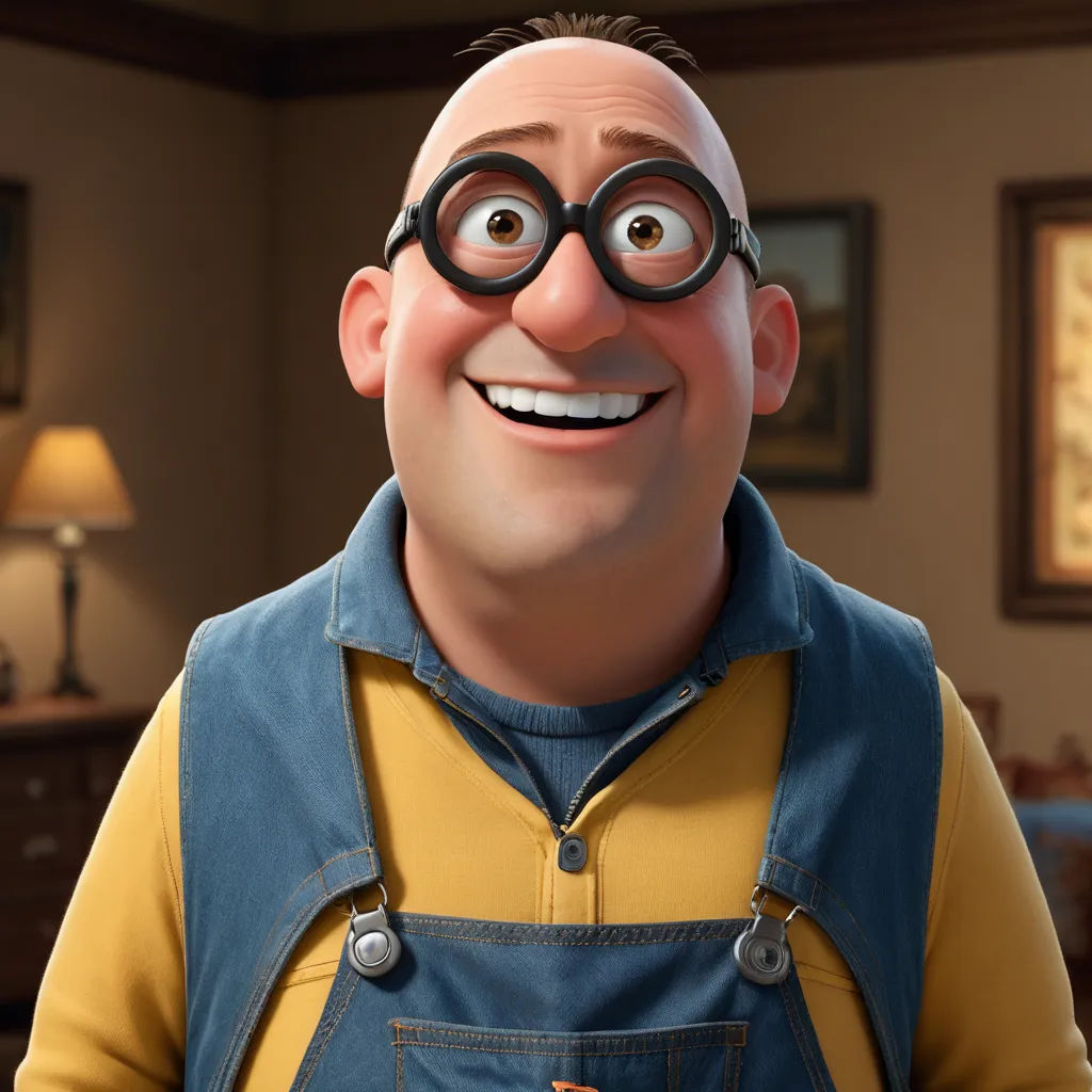 a cartoon character with glasses and a blue overalls and a yellow shirt and a brown wall with pictures, photorealism, a 3D render, Dan Content, unreal engine 5 quality render