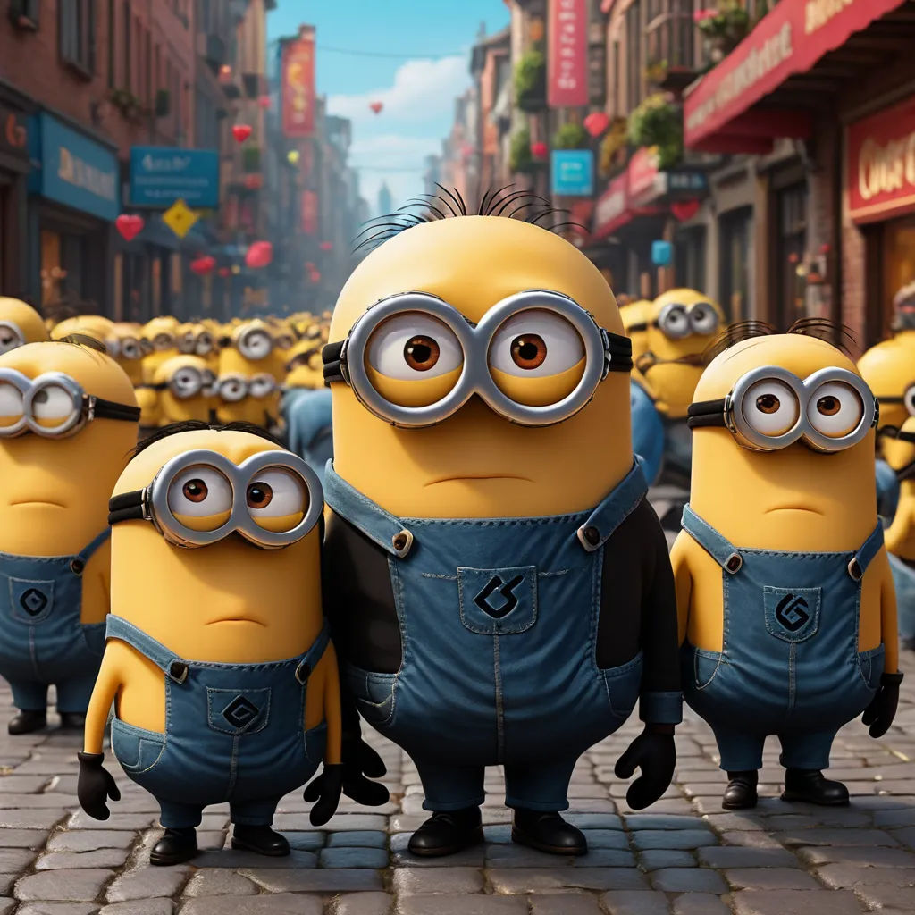 a group of minions from the movie despicable me are walking down a street in a line of minion characters, incoherents, a screenshot, Bascove, pixar and disney animation