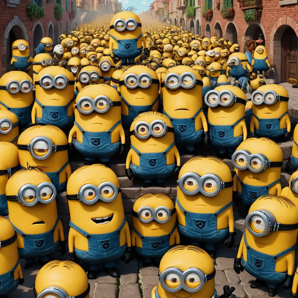 a group of minion characters are standing in a row in a street lined with buildings and buildings, with a sky background, incoherents, a microscopic photo, David Teniers III, pixar and disney animation