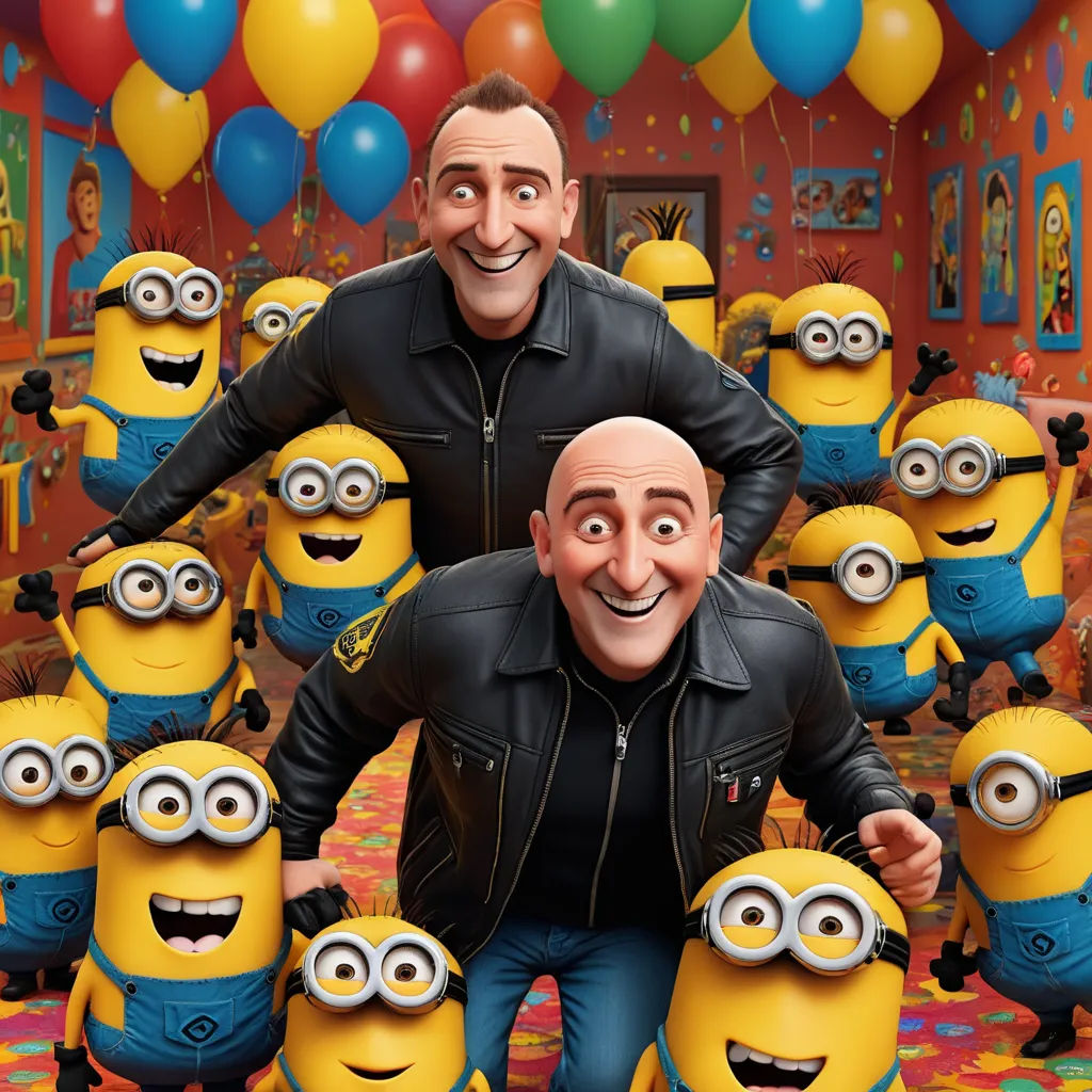 a man standing next to a bunch of minion characters in front of balloons and balloons in the background, excessivism, a poster, Dom Qwek, promotional image