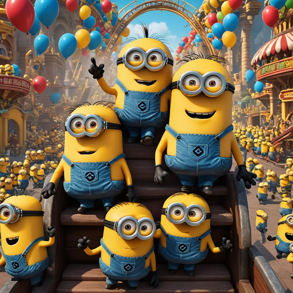 a group of minions sitting on top of a set of stairs in a movie poster for the movie despicable me, incoherents, a picture, disney, pixar and disney animation