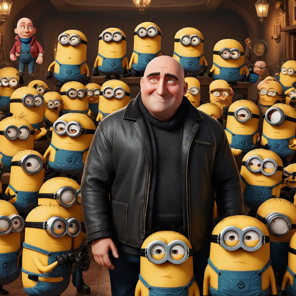 a man standing in front of a bunch of minion characters in a movie scene with a man in the middle, incoherents, computer graphics, Altoon Sultan, unreal engine 5