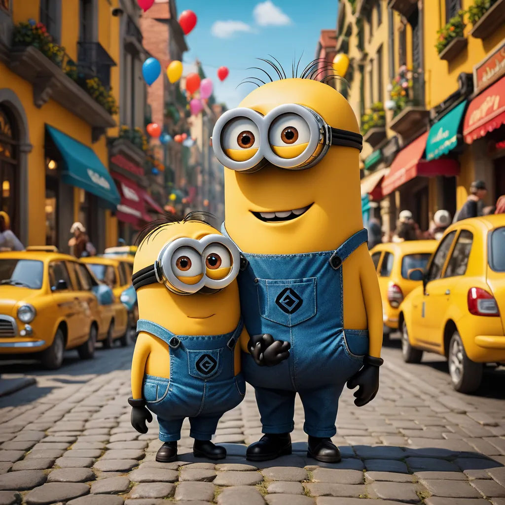 two minions from despicable me are standing in the middle of a street with a yellow taxi behind them, rayonism, a tilt shift photo, Daryush Shokof, 4k uhd image