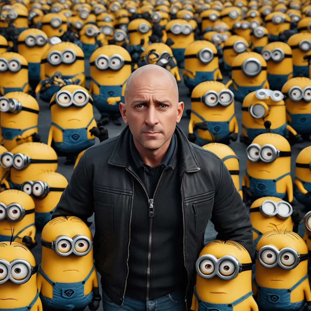 a man standing in front of a bunch of minion characters in a movie scene with a bald head, antipodeans, computer graphics, Daryush Shokof, f 8 aperture