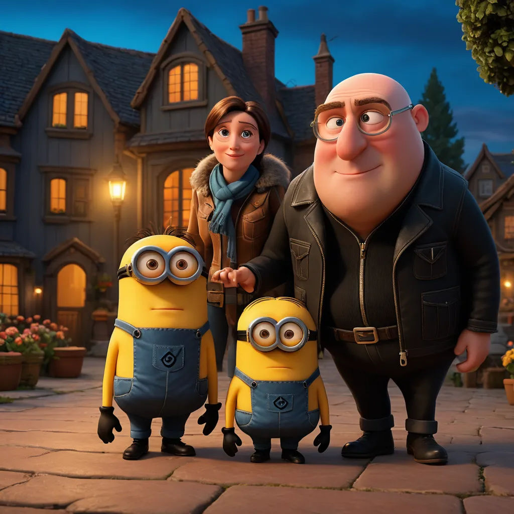 a family of three standing in front of a house at night with a minion and a man in front of them, sots art, concept art, Altoon Sultan, animated