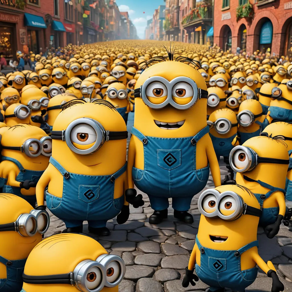 a group of minion characters standing in a street with buildings in the background and a sky background with buildings, incoherents, a microscopic photo, Bascove, pixar and disney animation