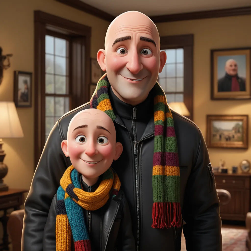 a man and a child are wearing scarves and scarves in a living room with a fireplace and a painting on the wall, photorealism, a comic book panel, Chris LaBrooy, cgstudio