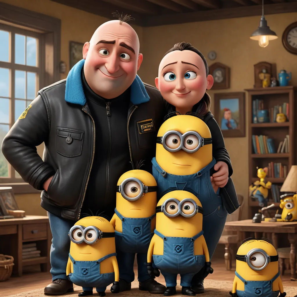 a man and woman standing next to a group of minion dolls in a living room with a clock, photorealism, computer graphics, David Teniers III, pixar and disney animation
