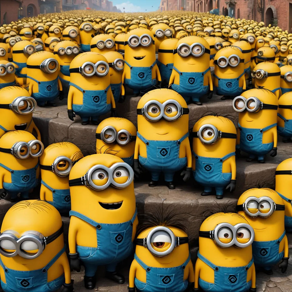 a bunch of minion characters are standing in a row together in a movie scene with a city in the background, incoherents, a microscopic photo, David Teniers III, pixar and disney animation