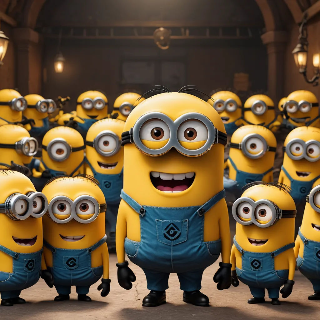 a group of minion characters standing in a room with a light in the background and a ceiling light in the background, incoherents, a picture, David Teniers III, pixar and disney animation