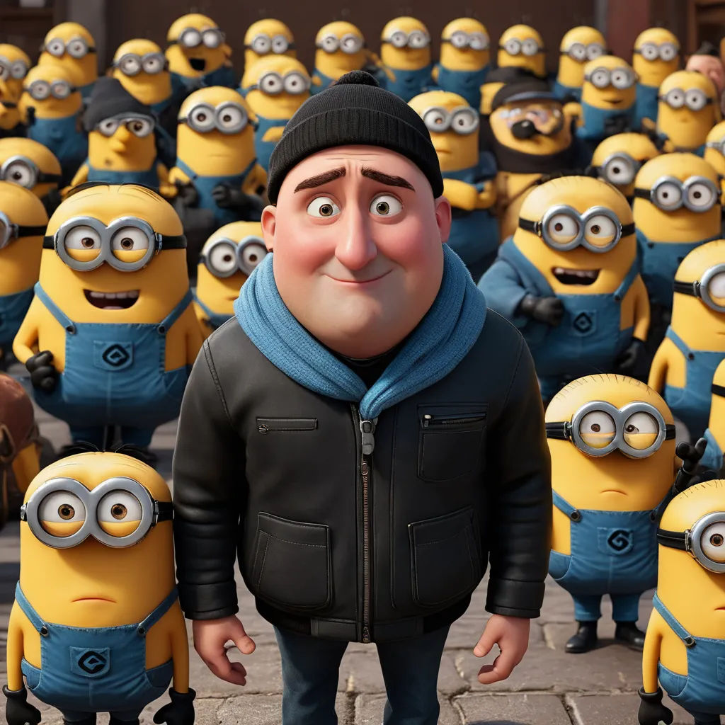 a man standing in front of a bunch of minion characters in a movie scene with a dog in the background, excessivism, a character portrait, David Young Cameron, unreal engine 5
