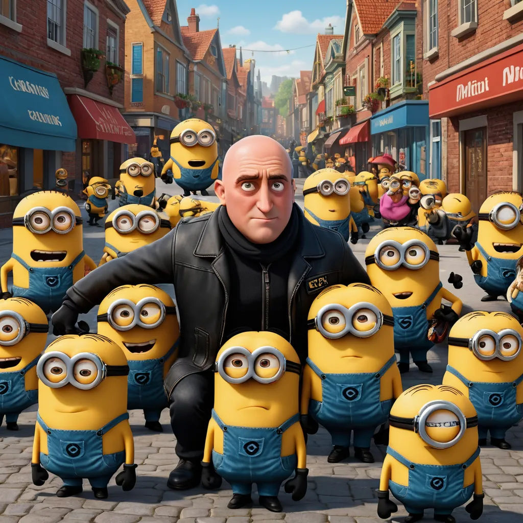 a man standing in front of a group of minion characters in a movie scene with a crowd of people behind him, excessivism, concept art, Edward George Handel Lucas, pixar and disney animation