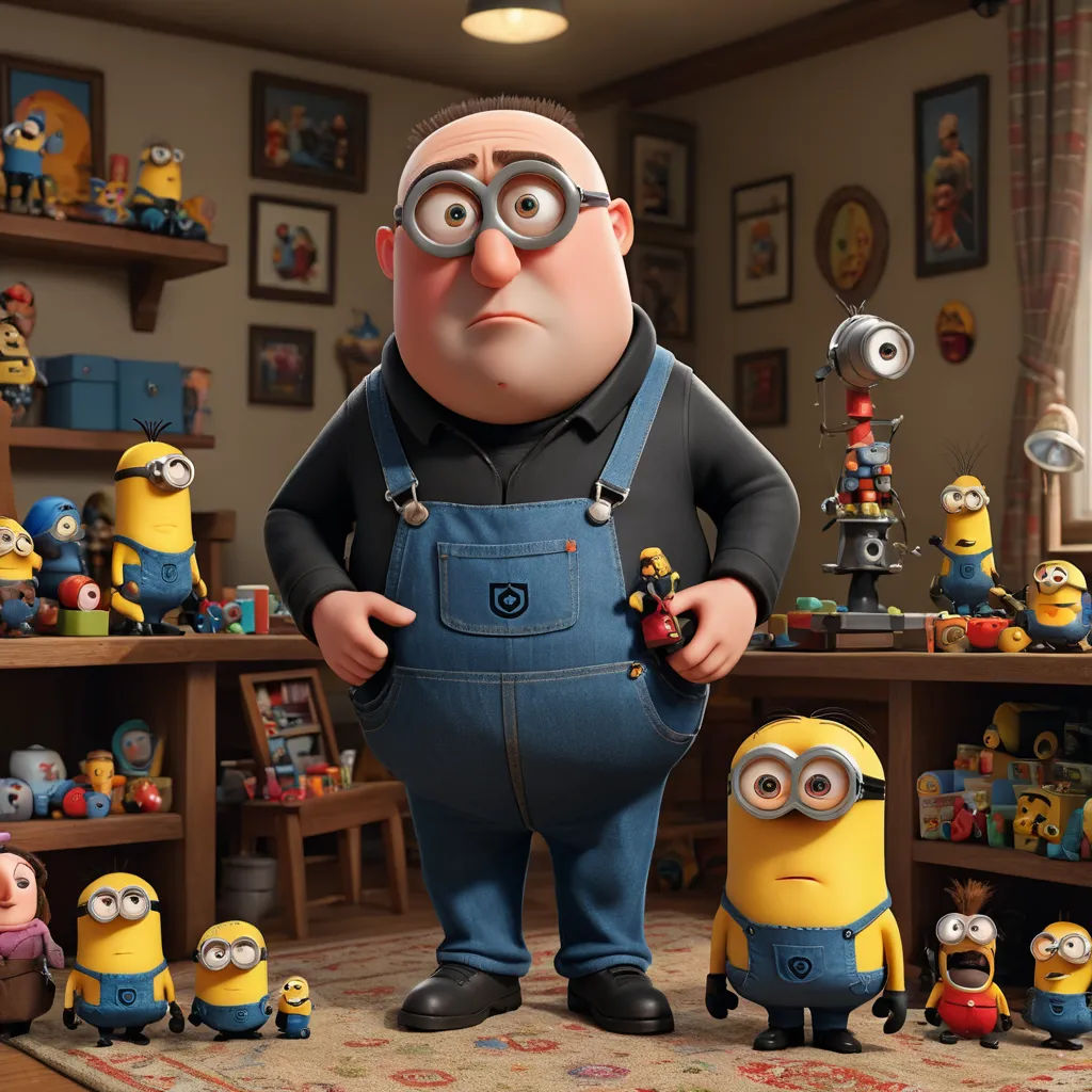 a cartoon character standing in front of a bunch of minion toys in a room with a rug on the floor, lowbrow, a character portrait, David Teniers III, pixar and disney animation