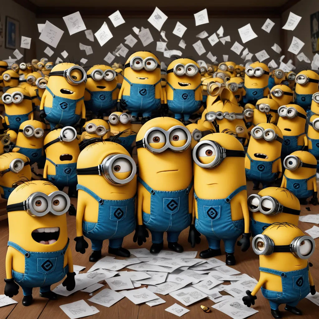 a bunch of minion characters standing in a room with papers all over them and a bunch of papers flying around, incoherents, a microscopic photo, Bascove, pixar and disney animation