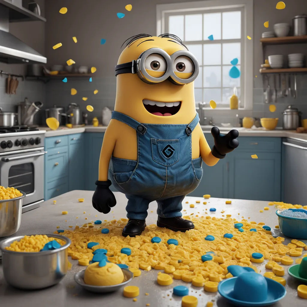 a cartoon character standing on a counter in a kitchen with yellow and blue confetti scattered around him, photorealism, a 3D render, Chris LaBrooy, cinema 4 d