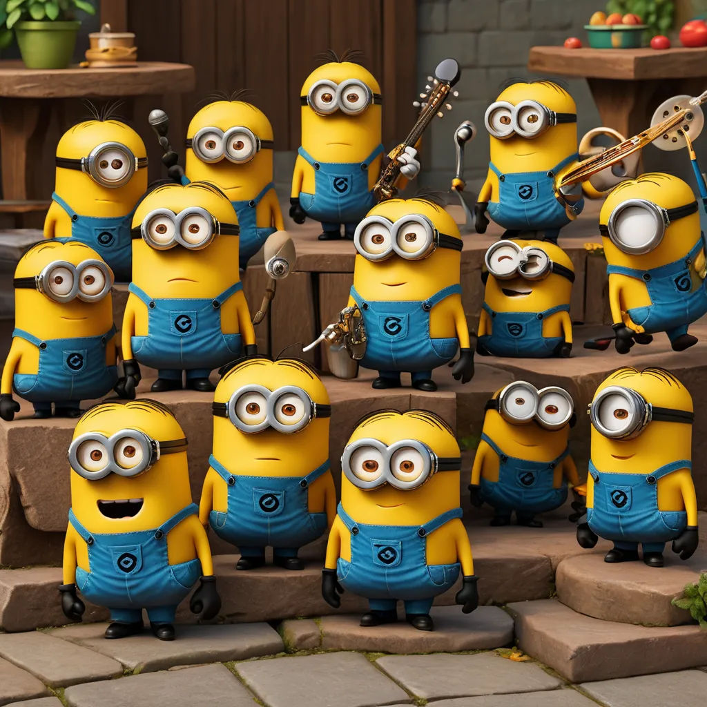 a bunch of minion figures are posed together with a trumpet in their hands and a trumpet in their other hand, incoherents, a screenshot, David Teniers III, pixar and disney animation