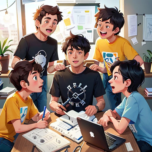 a group of young people sitting around a laptop computer in a classroom with a teacher pointing at the screen